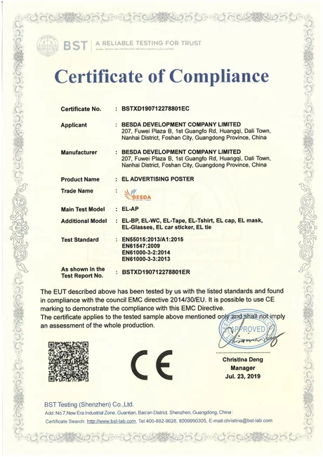 CE certificate for EL poster panels